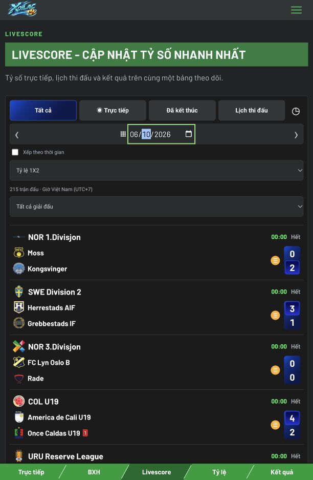 Bảng tỷ số bóng đá Livescore Xoilac ngày 06/10/2026, có logo Xoilac