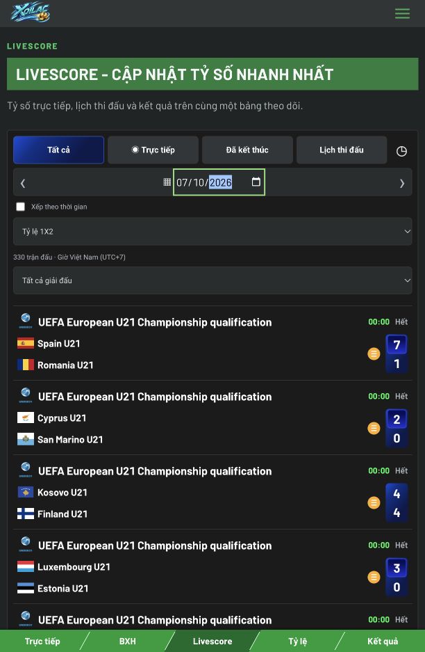 Bảng tỷ số bóng đá Livescore Xoilac ngày 07/10/2026, có logo Xoilac